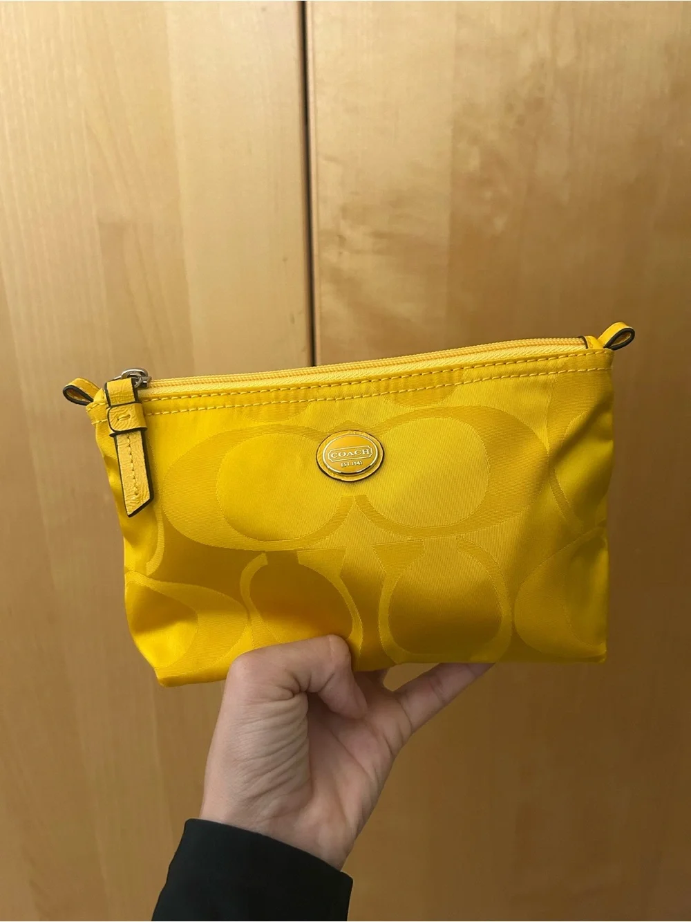 Coach Satin Signature Zip Pouch in Bright Yellow